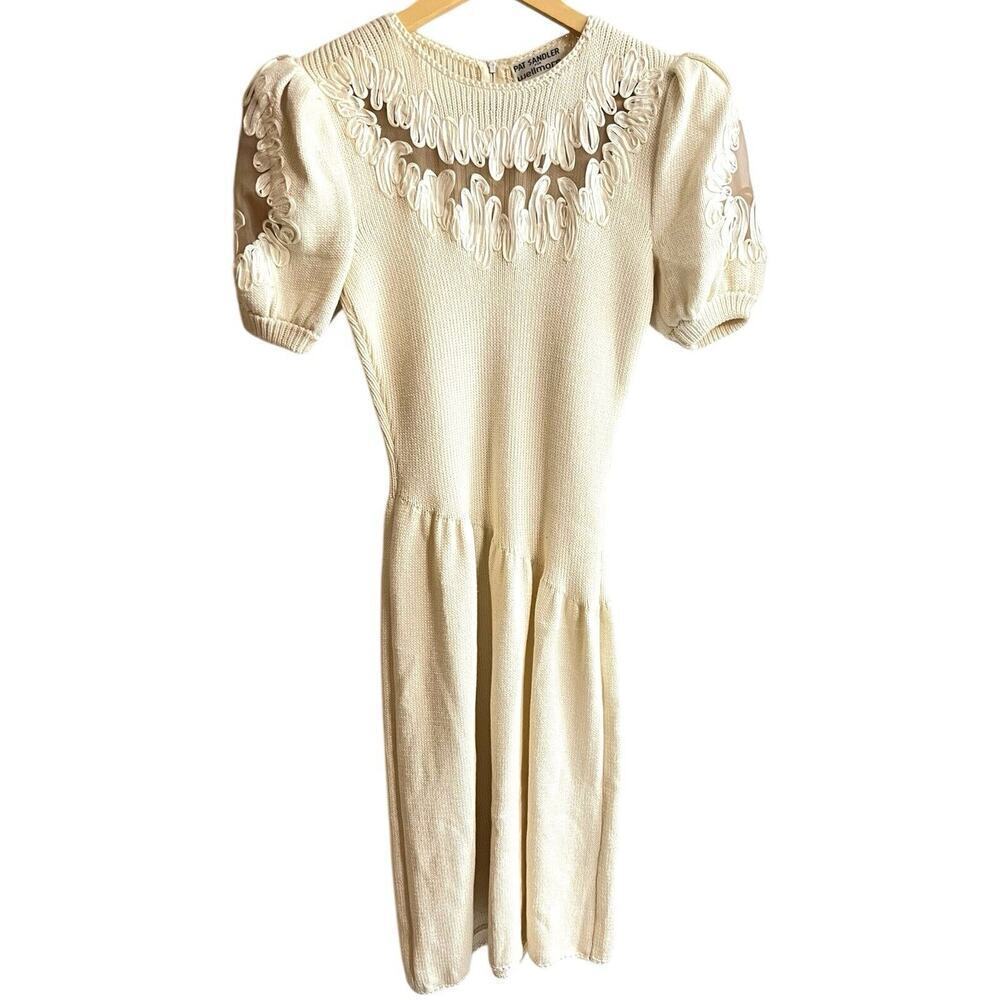 Vintage Pat Sandler Wellmore Knit Dress Cut Out Lace Puff Sleeve Cream Size 4